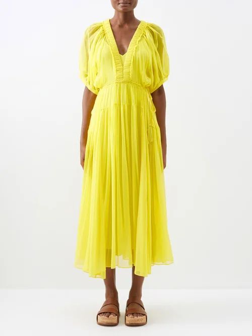 Constance Shirred Silk Midi Dress - Womens - Yellow