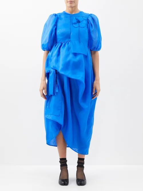 Dawn Puff-sleeve Bow-embellished Silk Midi Dress - Womens - Bright Blue