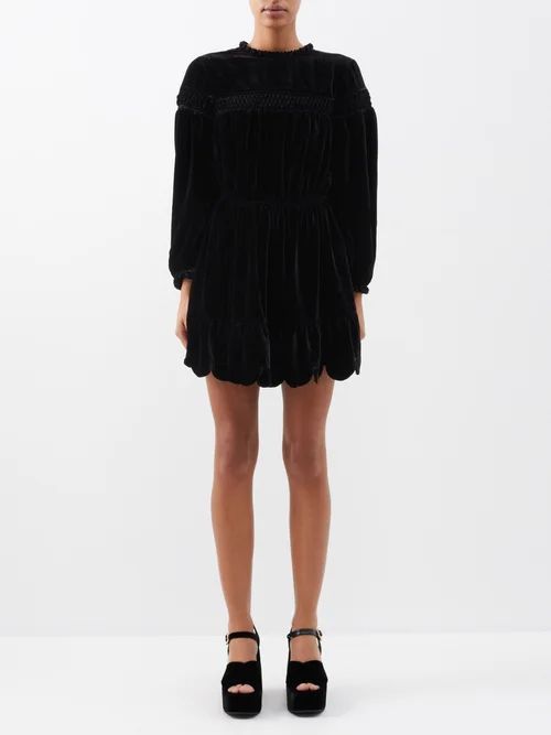 Alberte Scalloped-edge Velvet Mini Dress - Womens - Black