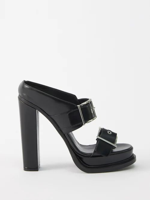 Buckled Leather Platform Sandals - Womens - Black Silver