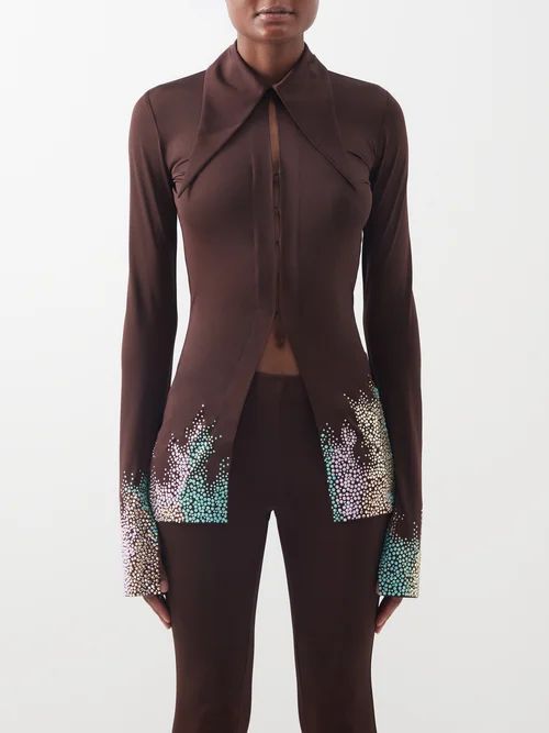 Flame-crystal Embellished Jersey Shirt - Womens - Chocolate