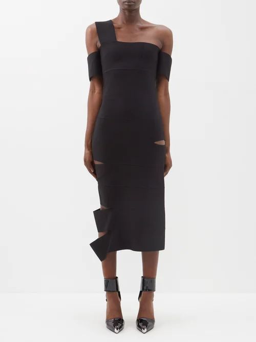 One-shoulder Knitted Bandage Dress - Womens - Black