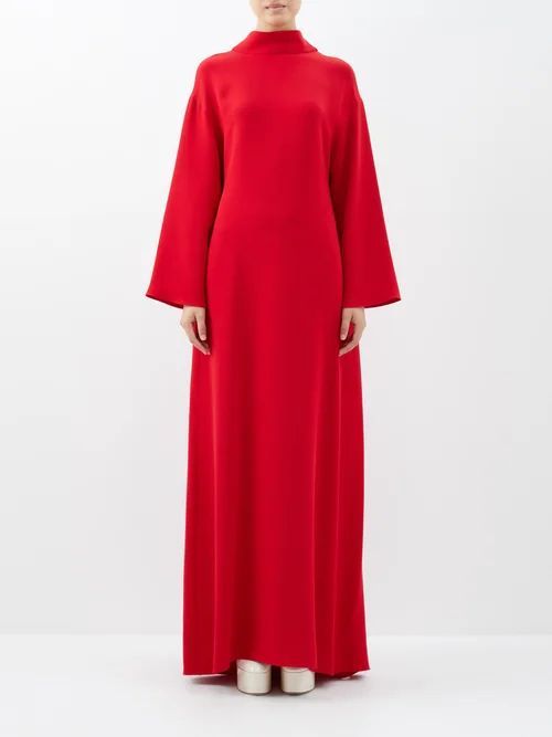 High-neck Back-bow Silk-cady Gown - Womens - Red