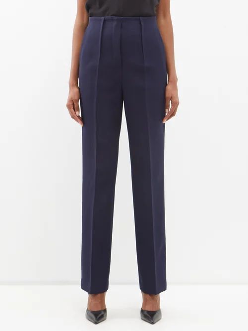 High-rise Wool Grain De-poudre Suit Trousers - Womens - Dark Blue