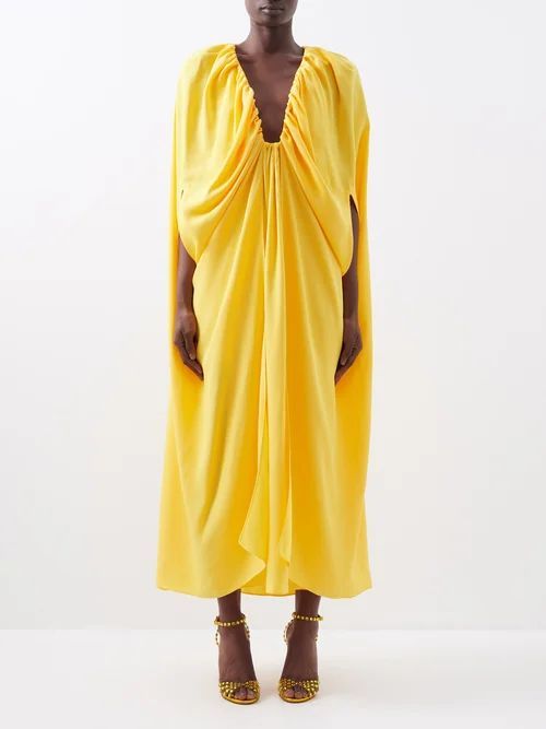 Emilia Plunge-front Draped Satin Cape Dress - Womens - Yellow
