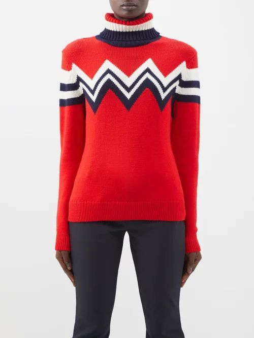 Zigzag-jacquard Roll-neck Merino Sweater - Womens - Red Multi