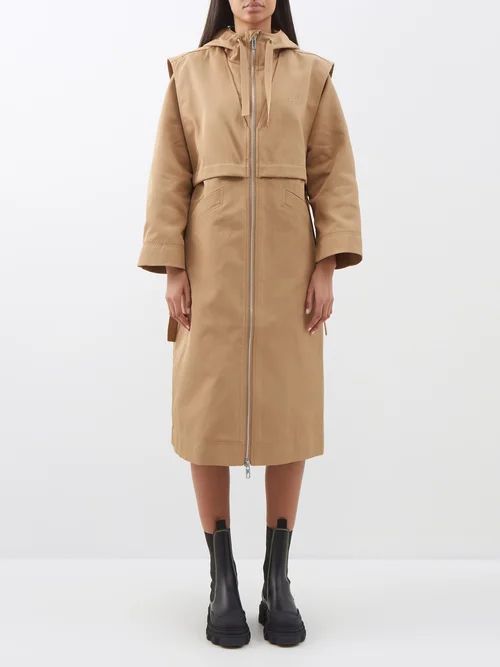 Zipped Hooded Recycled-fibre Twill Coat - Womens - Beige