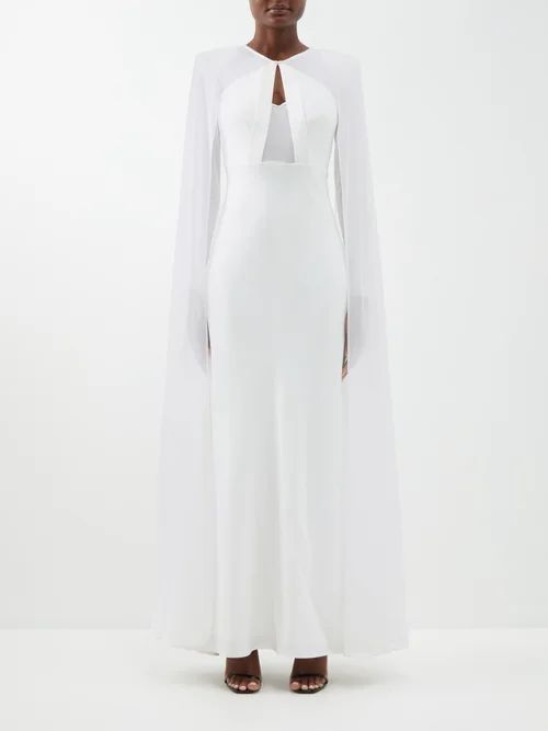 Cape-overlay Crepe And Mesh Long-sleeved Gown - Womens - White