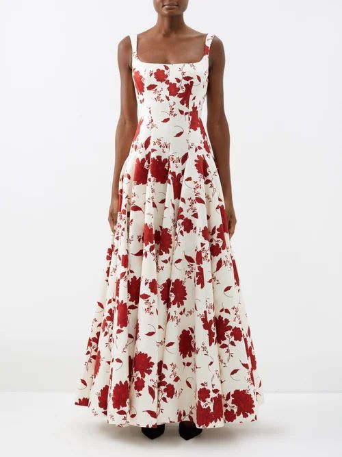 Vir Square-neck Floral-print Taffeta Dress - Womens - Red Cream