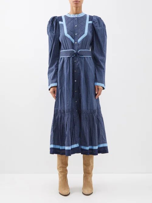 Palmer Patchwork-appliqué Cotton Midi Dress - Womens - Blue Navy