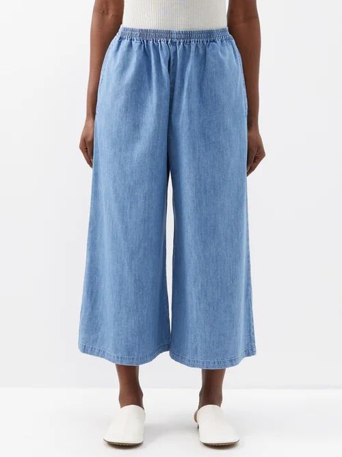 Elasticated-waist Cropped Denim Trousers - Womens - Light Blue