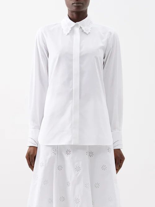Broderie-anglaise Cotton-poplin Shirt - Womens - White