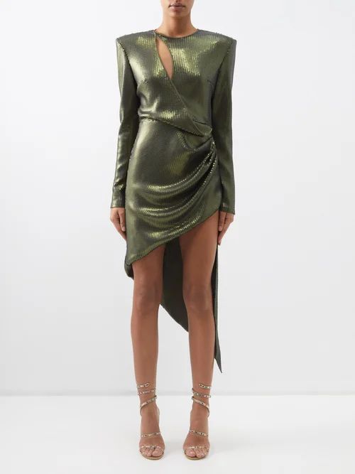 Side-slit Asymmetric Sequinned Dress - Womens - Dark Green