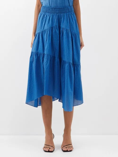 Asymmetric Shirred Cotton Midi Skirt - Womens - Blue