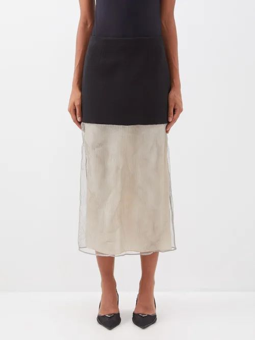 Mesh And Wool-twill Skirt - Womens - Grey Multi