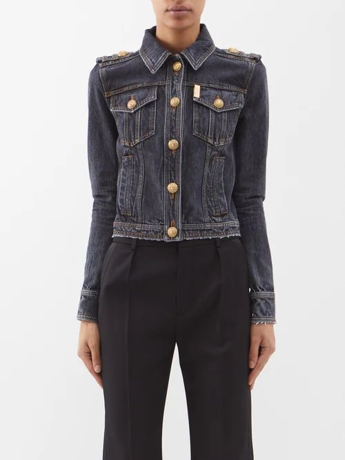 Buttoned Cropped Denim Jacket - Womens - Black