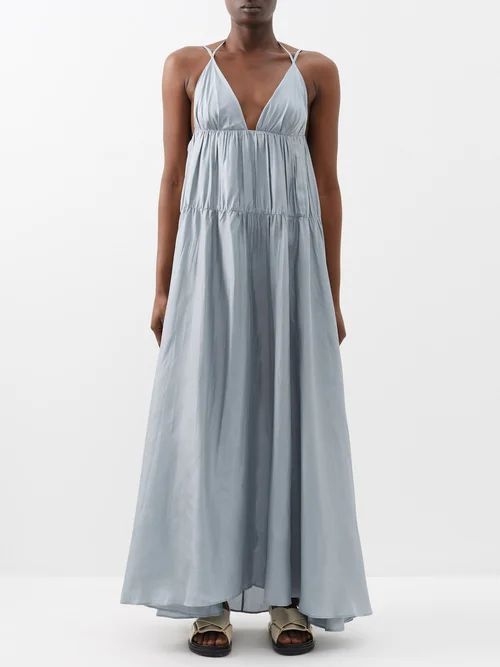 Darnley Gathered Silk Maxi Dress - Womens - Light Blue