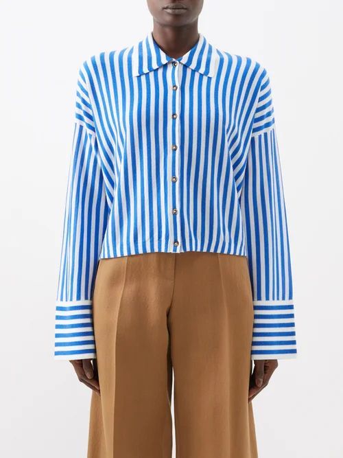 Cropped Striped Wool Shirt - Womens - Cream Blue