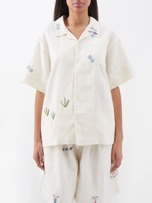 Greetings Embroidered Cotton-blend Shirt - Womens - White