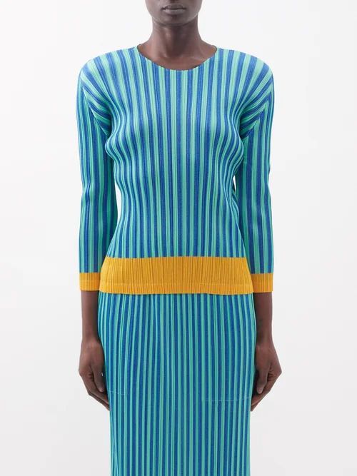 Striped Technical-pleated Top - Womens - Green