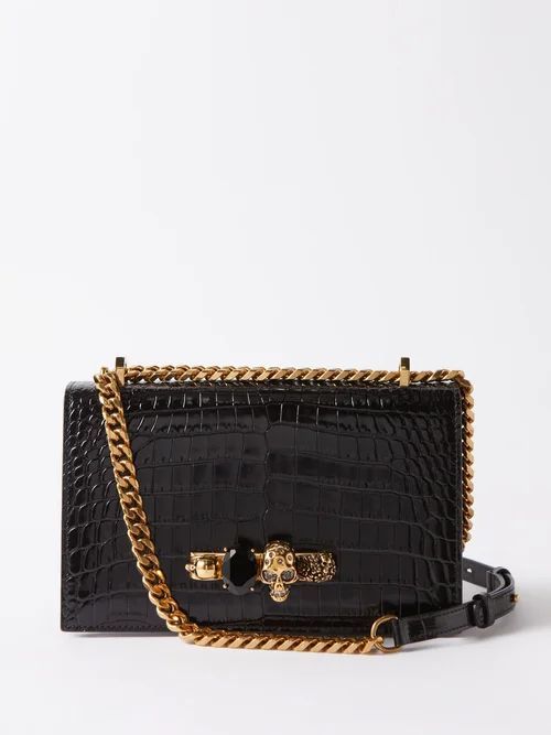 Jewelled Croc-effect Leather Shoulder Bag - Womens - Black Multi