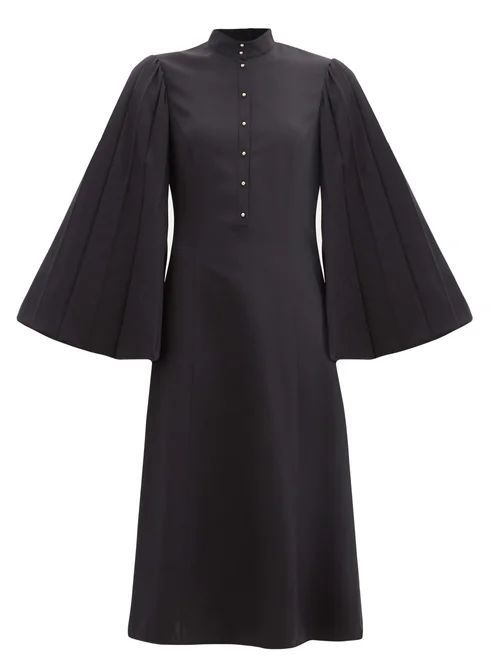 Pleated Angel-sleeve Silk-blend Dress - Womens - Navy