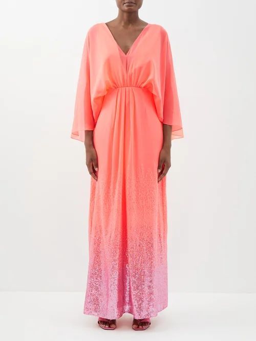 Cape-sleeve Sequinned-challis Maxi Dress - Womens - Pink Orange