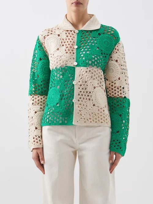 Two-tone Crochet Cotton Overshirt - Womens - Green Multi