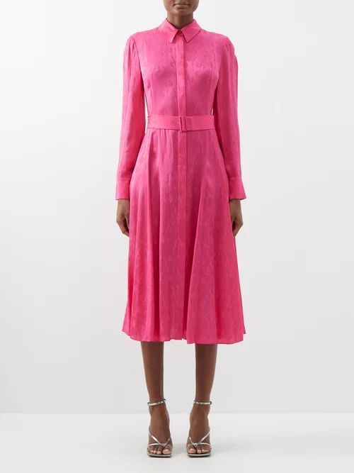 Belted Floral-jacquard Midi Shirt Dress - Womens - Bright Pink