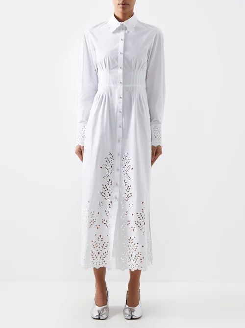 Broderie-anglaise Cotton-poplin Shirt Dress - Womens - Optical White