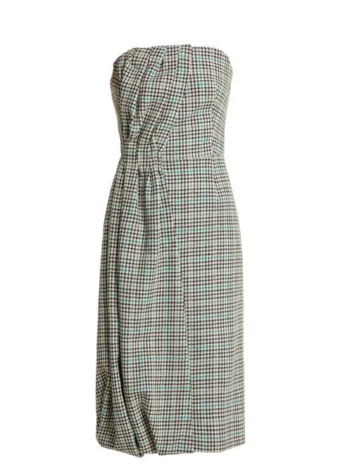 Houndstooth Checked Wool-blend Strapless Dress - Womens - Green Multi