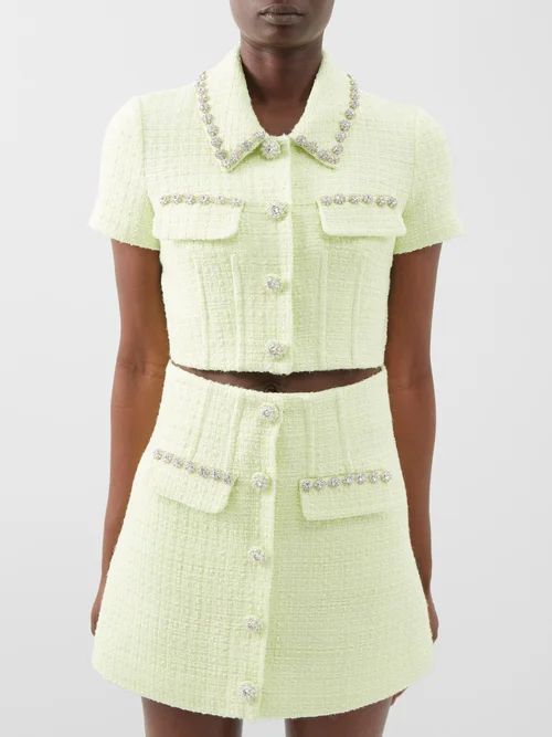 Crystal-embellished Bouclé-tweed Cropped Top - Womens - Lime Green