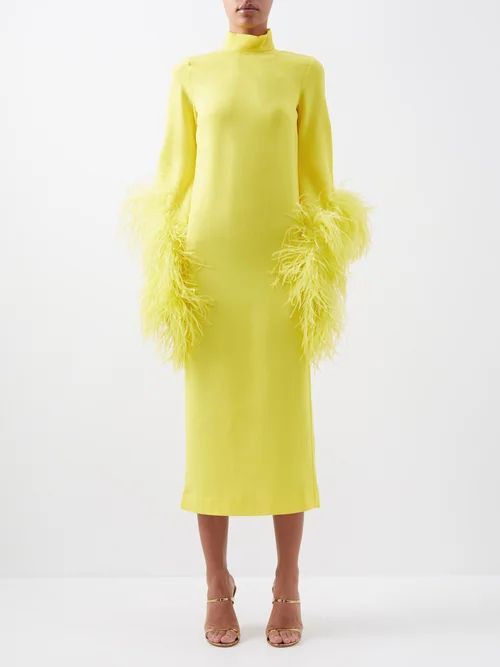 Del Rio Ostrich-feather Trimmed Crepe Dress - Womens - Yellow