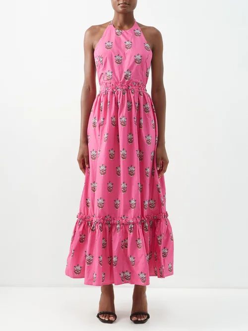 Salena Printed Cotton Halterneck Dress - Womens - Pink Print