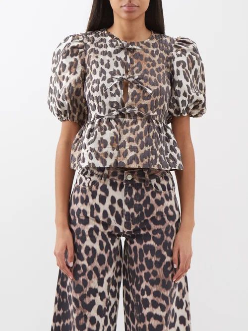 Puff-sleeved Leopard-print Twill Top - Womens - Leopard Print