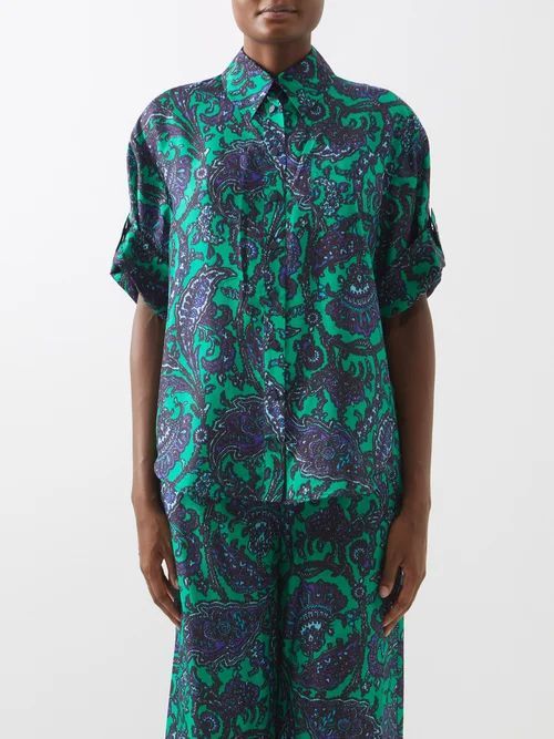 Tiggy Paisley-print Silk Shirt - Womens - Navy Green