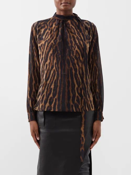Lavaliere Leopard-print Silk-blend Blouse - Womens - Beige