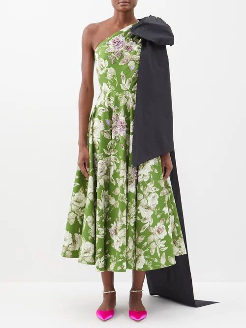 Johanna Bow-shoulder Floral-print Cotton Dress - Womens - Green Multi