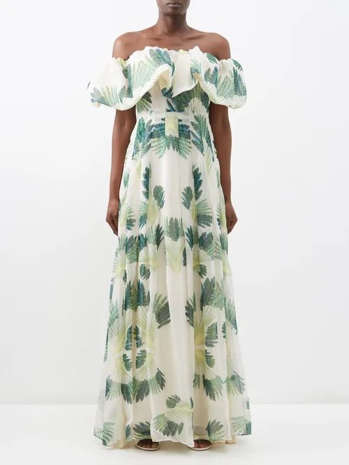 Julles Off-the-shoulder Printed Silk-chiffon Dress - Womens - Green White