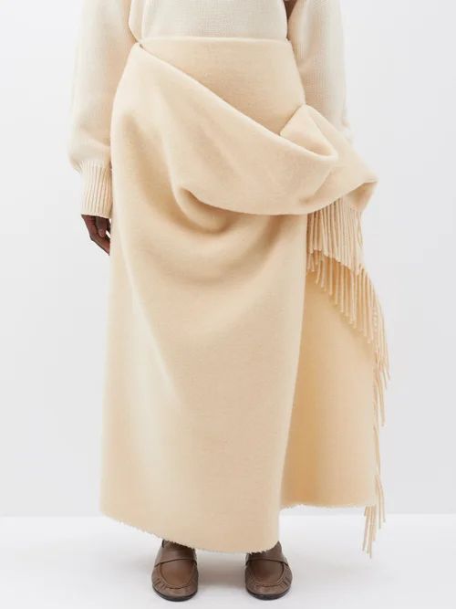 Aphra Fringe-trimmed Draped Wool-blend Skirt - Womens - Cream