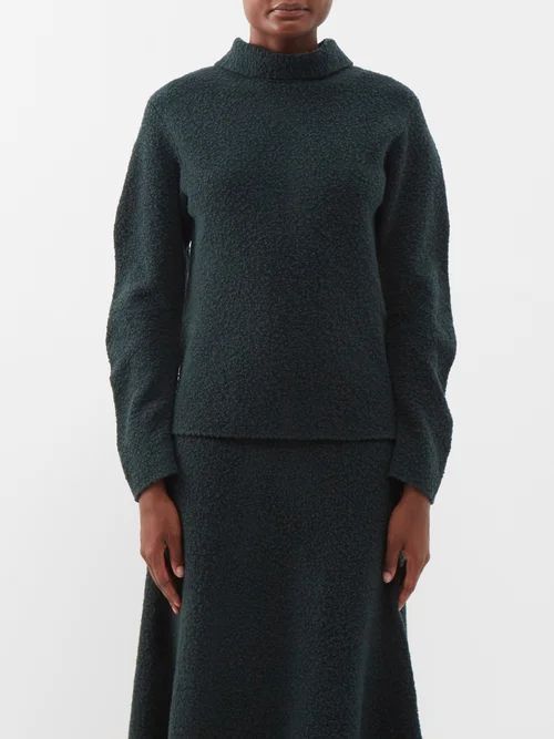 High-neck Bouclé Sweater - Womens - Dark Green
