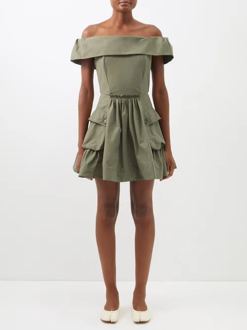 Julie Off-the-shoulder Cotton-blend Mini Dress - Womens - Khaki