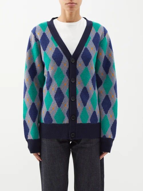 Argyle-knit Wool Cardigan - Womens - Blue Green