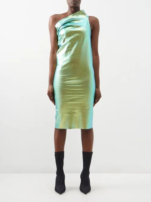 Athena One-shoulder Iridescent-denim Midi Dress - Womens - Metallic