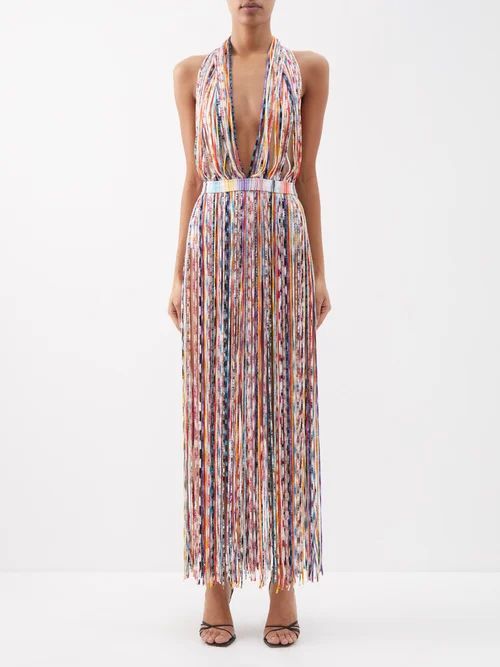 Halterneck Fringed Cord Maxi Dress - Womens - Red Multi