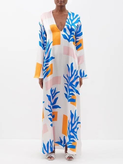 Lena Abstract-print Silk Kaftan Dress - Womens - Blue Orange
