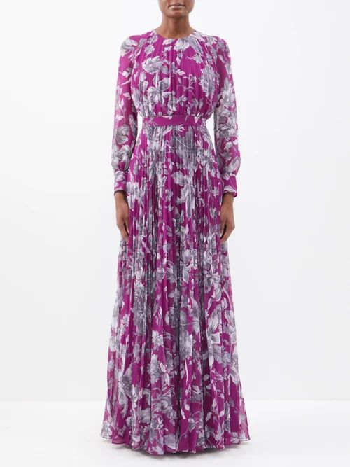 Lindsay Floral-print Pleated Voile Gown - Womens - Magenta