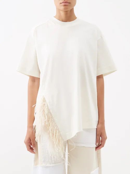Feather-trim Organic-cotton Jersey T-shirt - Womens - Light Beige