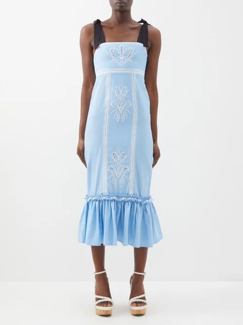 Greta Broderie-anglaise Cotton Midi Dress - Womens - Light Blue