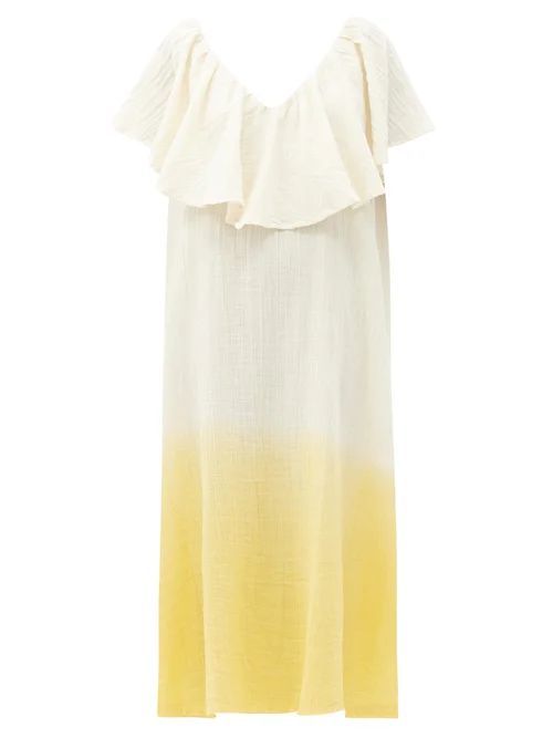 Brigitte Ruffled V-neck Dip-dyed Cotton Dress - Womens - Yellow Multi
